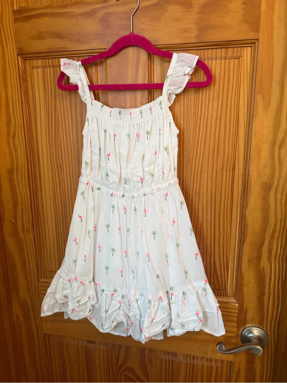 Janie and Jack White Dress with Pink Flamingo and Green Palm Print